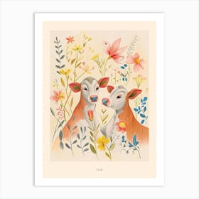 Folksy Floral Animal Drawing Cow 3 Poster Art Print