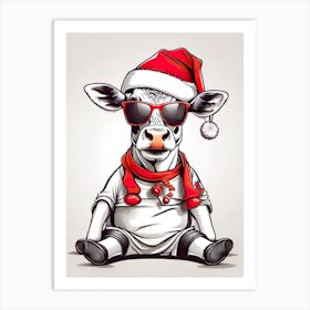 Cow Christmas Hat Art Print
