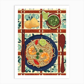 Seafood Pad Thai On A Tiled Background 2 Art Print