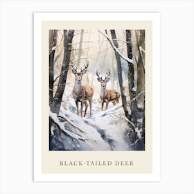 Winter Watercolour Black Tailed Deer Poster Art Print