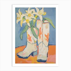 Painting Of White Flowers And Cowboy Boots, Oil Style 1 Art Print