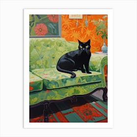 Black Cat Sitting In An Green Armchair Nannycore Art Print