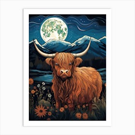 Digital Painting Of Highland Cow In The Moonlight 1 Art Print