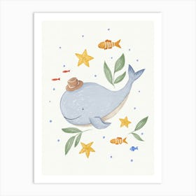 Happy while with fish & star fish with white background Art Print