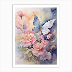 Butterfly And Roses 2 Art Print