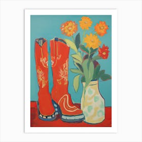 Painting Of Orange Flowers And Cowboy Boots, Oil Style 1 Art Print