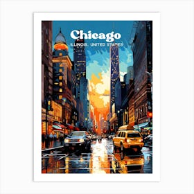 Chicago Illinois United States Night Travel Art Illustration Art Print