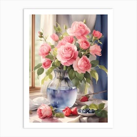 Pink Roses In A Vase Art Print