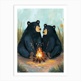 American Black Bear Two Bears Sitting Together Storybook Illustration 3 Art Print