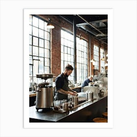 Barista In A Steam Filled Industrial Style Eatery Clad In A Hipster Uniform Meticulously Grinds Co (1) Art Print