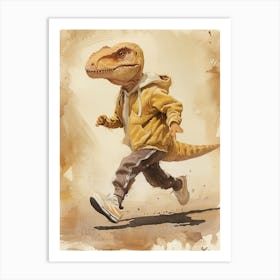 Dinosaur Running In A Hoodie Beige Art Print