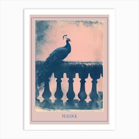 Cyanotype Inspired Peacock Resting On A Handrail 3 Poster Art Print