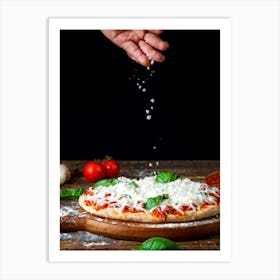 A Hand Stretching A Glistening Ball Of Pizza Dough Mid Action Flour Dusting In The Air From A Woode (4) Art Print