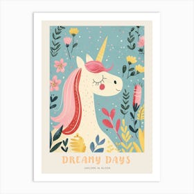 Storybook Style Unicorn & Flowers Pastel 3 Poster Art Print