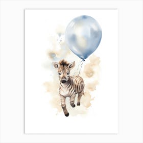Baby Zebra Flying With Ballons, Watercolour Nursery Art 1 Art Print