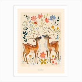 Folksy Floral Animal Drawing Caribou 2 Poster Art Print