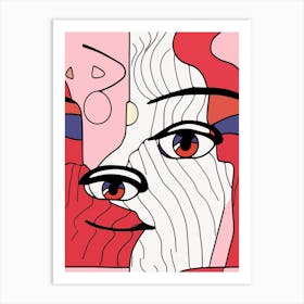 Red & Pink Abstract Face Line Drawing Art Print