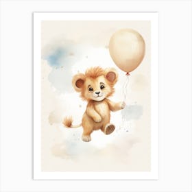 Baby Lion Flying With Ballons, Watercolour Nursery Art 3 Art Print