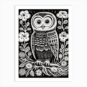B&W Bird Linocut Owl 2 Art Print