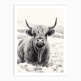 Snowy Highland Cow Stippling Illustration Art Print