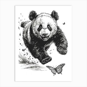 Giant Panda Cub Chasing After A Butterfly Ink Illustration 1 Art Print