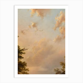 Orange Pastel Sunset Sky Clouds Tree Leaves Natural Landscape Scenery Art Print