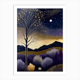 Cosmic Fall Night،
An ethereal boho painting that captures the beauty of a fall night sky. The background is a deep navy, speckled with tiny stars, while the foreground features silhouettes of autumn trees in shades of charcoal and dark olive. The moon is painted in a glowing silver, surrounded by soft wisps of mist in pale gold and lavender.
.3 Art Print