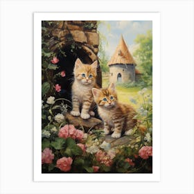 Cute Cats With A Medieval Cottage In The Background 1 Art Print
