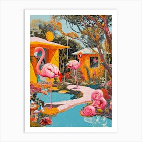 Retro Flamingoes In A Garden 8 Art Print