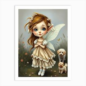 Fairy Girl with cute puppies Art Print