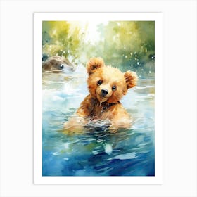 Swimming Teddy Bear Painting Watercolour 2 Art Print