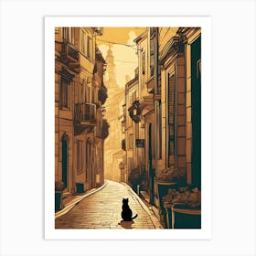 Black Cat Sat On Cobbled Streets Art Print