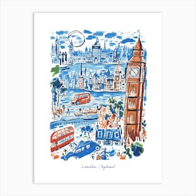 London City England Illustration Line Art Travel Blue Art Print