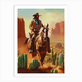 Cowboy in the desert with cactus.2 Art Print