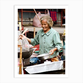 Cheerful Lady Cooking on the Canal Art Print