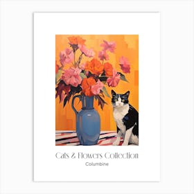 Cats & Flowers Collection Columbine Flower Vase And A Cat, A Painting In The Style Of Matisse 1 Art Print