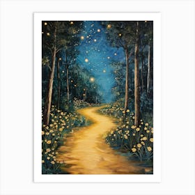 A Starry Night Forest Path Illuminated By Fireflies, With Yellow Flowers And Tall Trees 1 Art Print