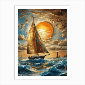 A Sailboat On Textured Gold Leaves Art Print