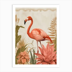 American Flamingo And Bromeliads Minimalist Illustration 1 Art Print