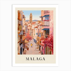 Malaga Spain 3 Vintage Pink Travel Illustration Poster Art Print