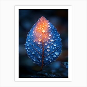 Blue Leaf With Water Droplets 2 Art Print