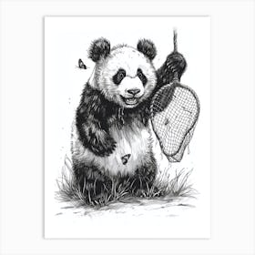 Giant Panda Cub Playing With A Butterfly Net Ink Illustration 2 Art Print