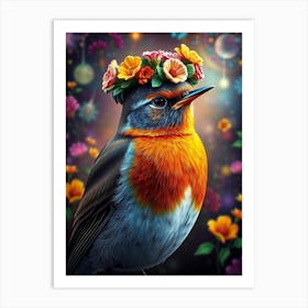 Robin With Flower Crown Art Print