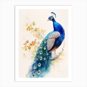 Watercolour Peacock On The Tree Branch 3 Art Print