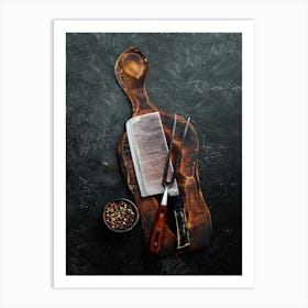 Chopping board & knife — Food kitchen poster/blackboard, photo art Art Print