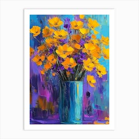 A Close Up Oil Painting Depicting A Bouquet Of Yellow And Purple Flowers Arranged In A Tall Blue Vase Art Print