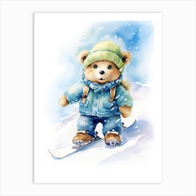 Snowboarding Teddy Bear Painting Watercolour 2 Art Print