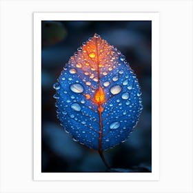 Blue Leaf With Water Droplets Art Print