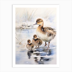 Ducklings & Mother In The Snow Watercolour  1 Art Print