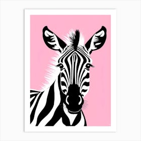 Flat Buho Art Playful Zebra On Solid pink Background, modern animal art, Art Print
